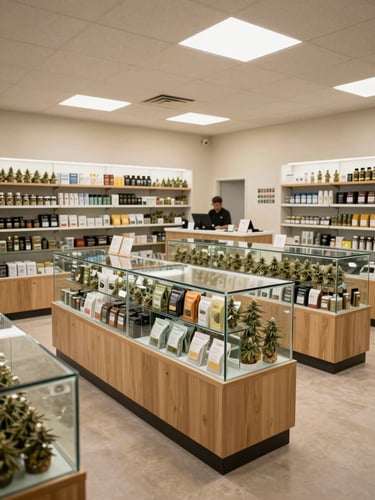Wide-angle interior shot of a clean, well-lit cannabis dispensary retail floor, organized display cases under bright overhead lighting, staff member visible at the counter in the background, warm neutral tones, clear product packaging visible through glass, no customers present