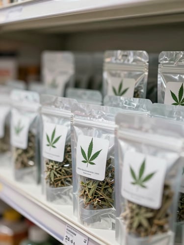 Close-up macro shot of neatly arranged cannabis product packages on a clean retail shelf, daylight-balanced overhead lighting, clear product labels visible, organized rows receding into soft focus, no people, no leaf motifs — the focus is on the clarity and order of a well-run retail environment
