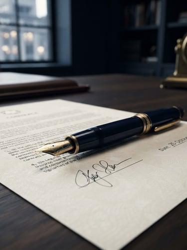 Macro shot of a high-end fountain pen resting on a signed corporate contract, warm matte gold reflections, deep navy shadows, professional office setting, 35mm