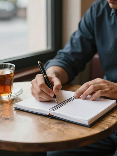 Medium-close framing of a man's hands writing in a business ledger at a small café table, a glass of tea beside the notebook, warm daylight from a side window, pen mid-stroke, the surface of the table worn but clean