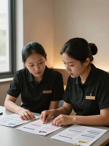 Medium-close frame: two hospitality workers seated across a low table, both leaning in over printed training materials, one pointing at a page while the other listens—natural window light from the left, warm ambient fill from behind, no trainer at a podium, faces and hands in focus, textured wall visible in background
