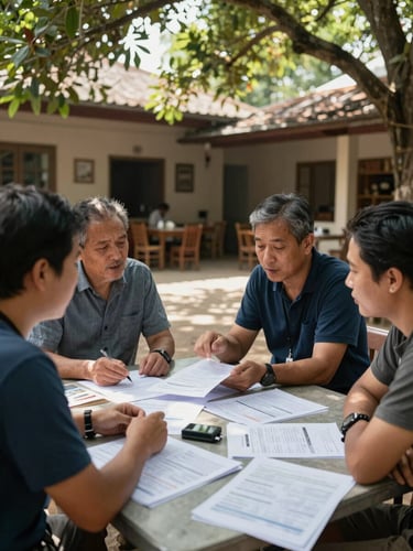 Wide environmental shot of four small tourism business owners seated around a low table in an open-air community space, papers and printed data sheets spread between them, candid mid-conversation moment, dappled natural light through overhead canopy, one person gesturing toward a document