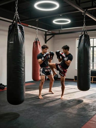 Wide gym interior during active Muay Thai training session, heavy bags hanging in foreground, a male trainer holding Thai pads for a fighter mid-kick in the background, dramatic tungsten overhead ring lights casting hard shadows on concrete floor, raw and physical