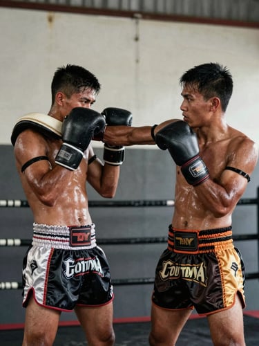 Close framing of two male Muay Thai fighters, one holding curved Thai pads at shoulder height, the other landing a precise elbow strike, both in worn training shorts under harsh practical ring light, sweat visible on arms, gritty gym wall behind them