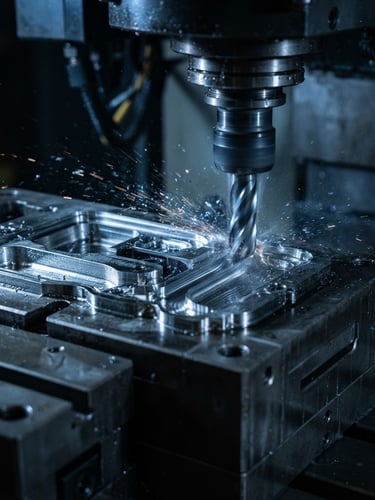Macro close-up of a high-precision CNC milling machine cutting a hardened steel mold core with cool blue studio lighting, metallic steel textures, sharp industrial photography, 35mm
