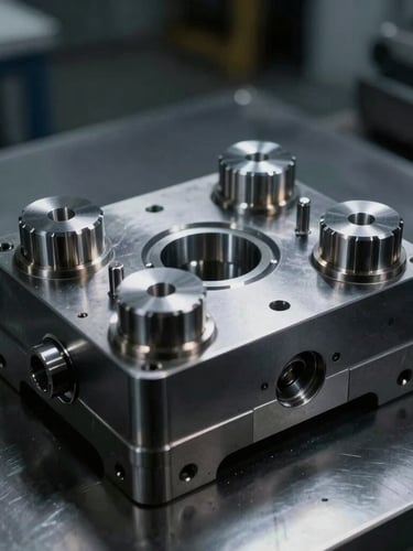 A polished multi-cavity injection mold core resting on a clean, dark inspection table, dramatic high-contrast industrial lighting, metallic textures, sharp industrial photography