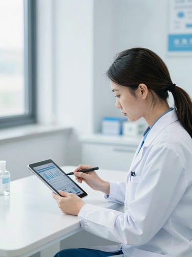 A bright, modern clinic office with a clinician reviewing patient analytics on a tablet, soft natural daylight, crisp medical blue tones, professional 35mm photography