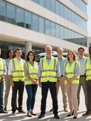 Professional portrait of a diverse team of land development consultants, some in high-visibility vests, others in business-casual attire, standing in front of a modern office building with a white fleet vehicle visible in the background, bright Texas daylight, high contrast.