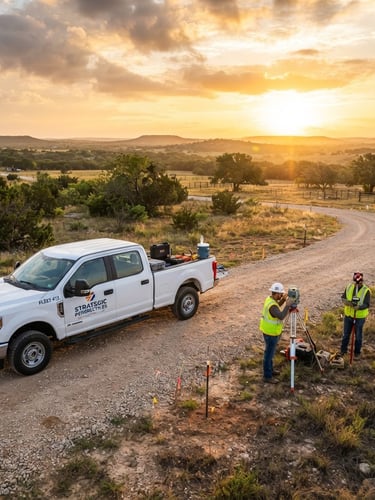 Wide-angle shot of a white fleet truck with STRATEGIC PERSPECTIVES DEVELOPMENT, LLC branding parked on a Texas land parcel at sunrise, surveyors in high-visibility vests nearby, bright direct sunlight, high contrast natural tones, wide-angle lens.