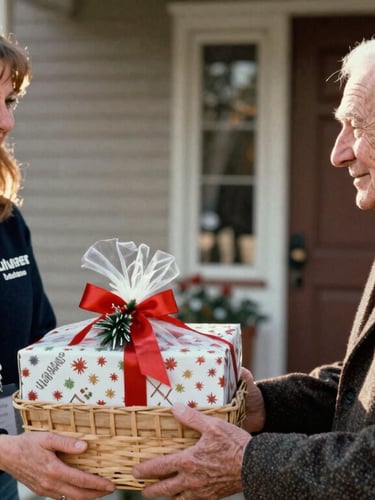 Candid medium shot of an auxiliary volunteer smiling as she hands a holiday gift basket to an elderly veteran, warm daylight, honest framing
