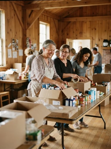 Warm candid documentary shot of volunteer women arranging care packages in a sunlit wooden community hall, soft natural daylight, classic 35mm film look