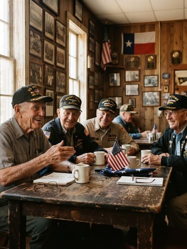 Warm documentary photograph of East Texas veterans gathered around a rustic wooden table in the post hall, morning light streaming through windows, historic frames on the wall.