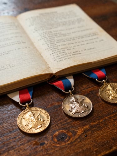 A close-up of vintage American Legion Auxiliary medals and a yellowed historical ledger on a dark wooden table, warm indoor lighting, rich historical tones