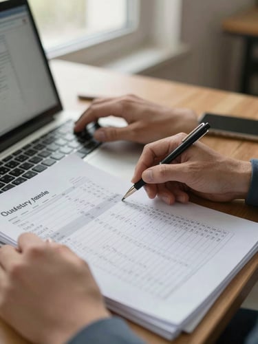 Close-up environmental shot of an accountant's hands entering figures into a spreadsheet on a laptop, printed quarterly estimate sheets spread on the desk beside it, warm daylight from a nearby window, shallow depth of field, organized workspace visible in the background