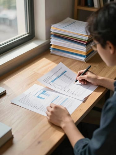 Wide environmental shot of a small business owner seated at a wood desk reviewing printed financial reports, daylight streaming from a large office window to the left, stacks of organized folders visible in the background, medium-distance framing showing the full desk workspace and surrounding room