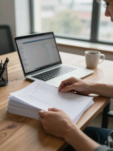 Medium environmental shot, natural daylight from a wide office window on the right, hands sorting through a stack of printed transaction records on a wooden desk, open laptop with a spreadsheet visible in the background, a coffee mug and a pen holder in soft focus, warm neutral tones