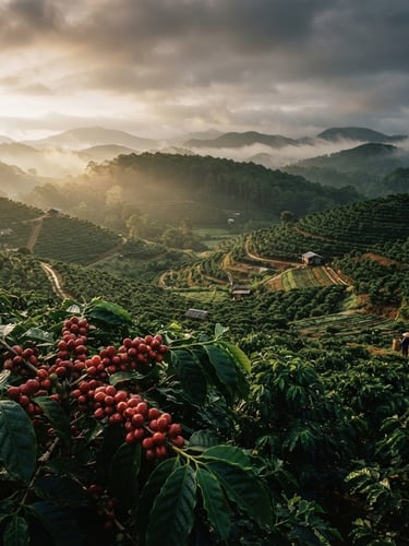 Wide panoramic view of lush green coffee plantations in Vietnam's Central Highlands at dawn, soft directional side-light, mist rising, focus on vibrant coffee cherries, low horizon, dark moody editorial photography, 35mm