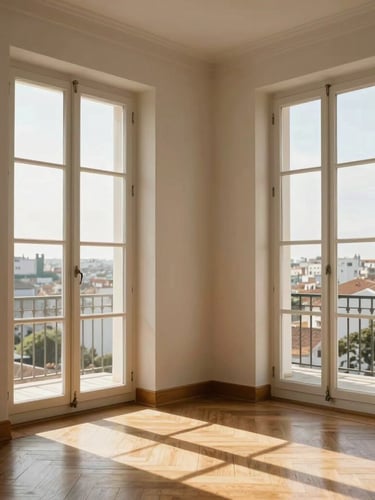 Sun-drenched Portuguese apartment interior with tall windows, warm afternoon sunlight casting soft shadows on traditional wooden floors, minimalist design, high-end editorial framing.