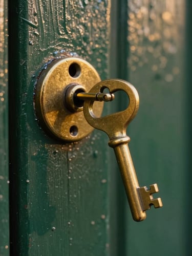 Close-up of a brass key turning in an old dark green wooden door, soft golden hour light reflecting on the metal.