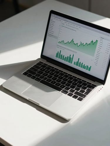 Tight overhead shot of a clean modern desk, a laptop displaying a crisp financial dashboard with green charts, natural cool-toned side lighting, architectural shadows.