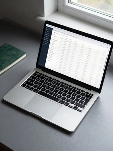 Tight overhead flat-lay of a contemporary workspace with a modern laptop showing a clean, dark-themed financial dashboard interface, blurred proprietary ledger numbers, cool-toned natural light from a side window, minimalist desk setup, forest green accent notebook.