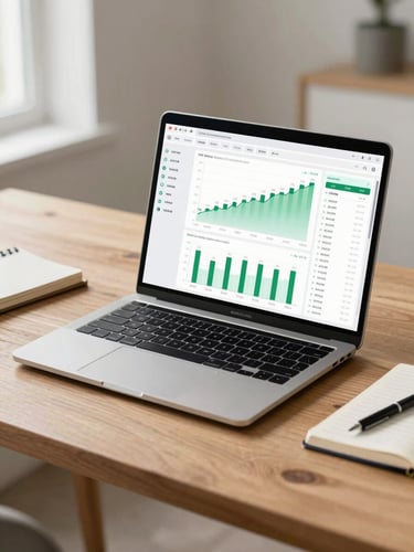 A sleek modern laptop displaying a clean financial dashboard with green charts, placed on a minimalist oak desk with a notebook, bright natural side lighting.