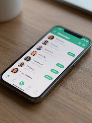 Close-up of a phone screen showing a WhatsApp channel feed with members posting earnings screenshots, real notification badges visible, neutral daylight, casual desk setting