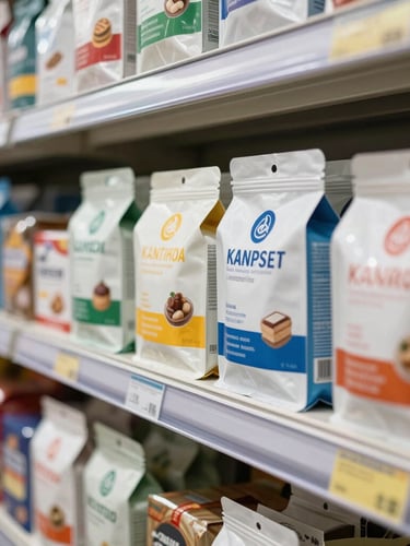 Close-up of packaged consumer goods neatly aligned on a modern retail shelf in India, bright natural light, crisp focus on packaging.