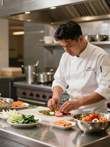 Professional commercial kitchen in a premium Indian hotel, stainless steel counters, clean bright lighting, chef arranging fresh ingredients