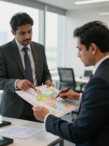 A professional corporate consultation in a bright, modern office in Mumbai, two business executives reviewing a physical retail market map of India, natural daylight.