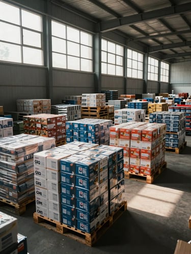 Wide-angle photograph of a modern, organized C&F warehouse in India, high-contrast natural light streaming through high windows, stacked pallets of consumer goods.