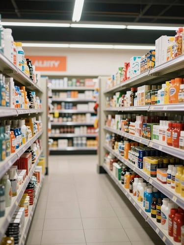Medium shot of structured modern trade aisles in Chennai, bright professional lighting, products neatly aligned on shelves, showcasing last-mile retail presence.