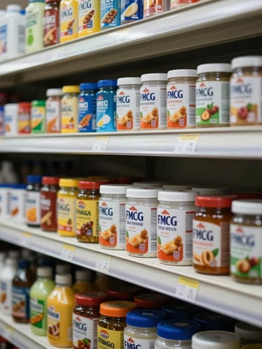 Close-up of neatly aligned FMCG products on a brightly lit canteen shelf in India, showing structured order.