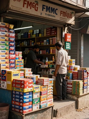 A bustling traditional Indian Kirana storefront, neatly stacked FMCG goods, warm morning daylight, authentic street scene