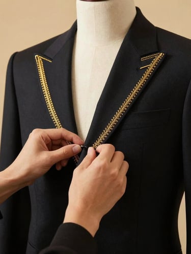 Editorial close-up of a tailor's hands adjusting the gold-threaded lapel of a black wool blazer on a mannequin, warm studio lighting