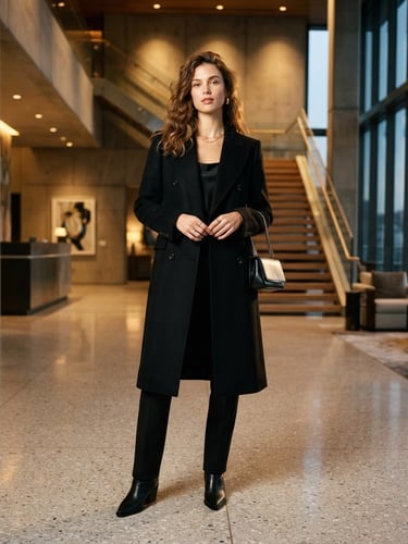 Editorial full-body portrait of a stylish young woman in a structured black wool coat standing in a clean, modern luxury concrete lobby, warm golden studio lighting, sharp focus, 35mm lens