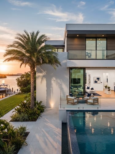 Bright architectural exterior of a modern luxury Florida home, clean lines, white stucco, warm sunset light, palm tree shadow, wide-angle realistic proportions.
