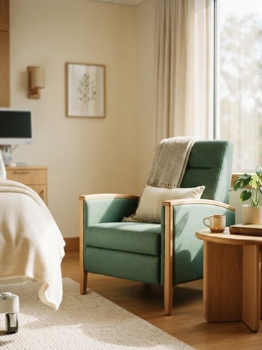 A sunlit, minimalist hospital recovery room with warm oak accents, soft natural window light casting gentle shadows on a comfortable lounge chair, muted emerald tones, shallow depth of field.
