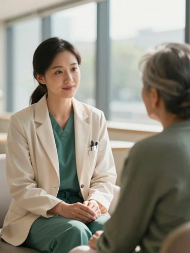 A professional female healthcare concierge in a warm cream blazer talking reassuringly to an elderly patient in a sunlit, modern hospital lobby, soft natural light, shallow depth of field.