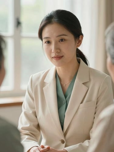 Medium close-up of a professional concierge in a warm cream blazer talking reassuringly to an elderly patient in a sunlit room, soft depth of field.
