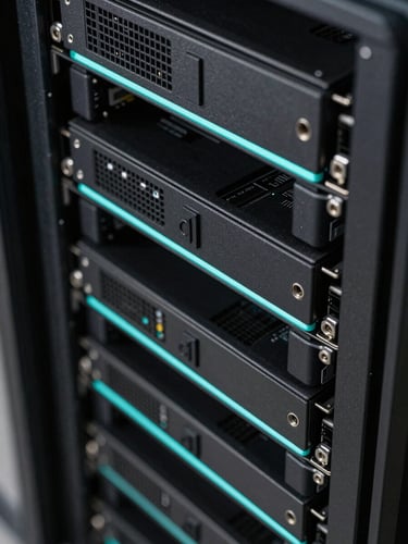 Orthographic close-up of high-performance server hardware inside a Denver data center, sharp cyan edge-lights casting geometric shadows on matte black metal, technical precision, low-key lighting.