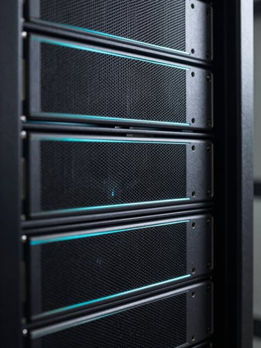 Orthographic macro shot of server rack hardware, sharp cyan edge-lights, deep charcoal shadows, clean geometric lines.