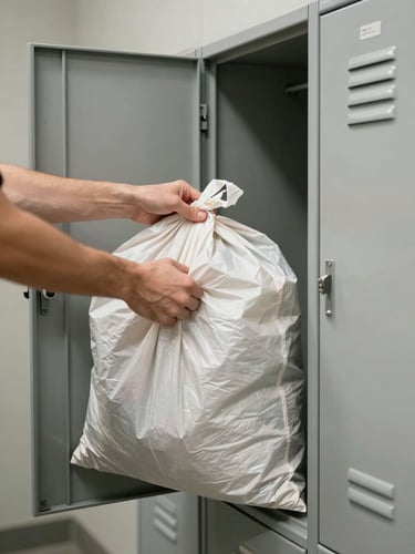 Close-up of hands firmly placing a bundled laundry bag into an open metal locker door, bright interior daylight, locker panel grid visible to the right, concrete wall in background, no people's faces