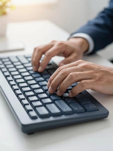 Close-up of professional hands typing on a sleek mechanical keyboard, clean desk, warm morning light, shallow depth of field, professional