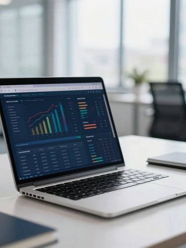 A bright modern workspace with a clean laptop screen showing data visualizations, soft daylight, professional atmosphere