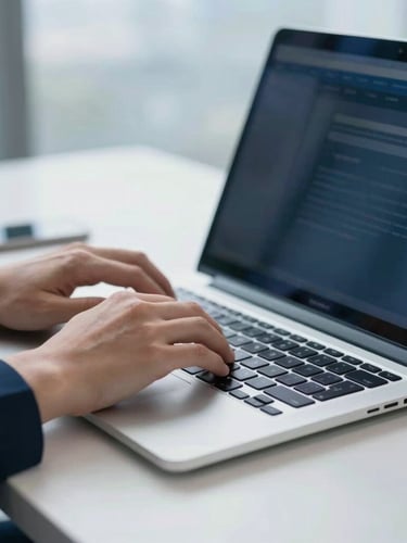 Hands of a professional typing on a sleek laptop keyboard, clean modern office desk, soft natural daylight, deep blue tones