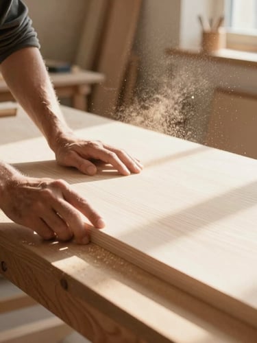 Warm editorial photography of a sunlit wood workshop in Gironde, fine sawdust floating in golden morning light, a craftsman's hands touching a smooth light paulownia board, 35mm