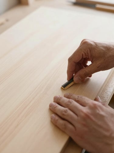 Tactile close-up of hands sanding a silky Paulownia wood board in a sunlit workshop in Gironde, warm editorial photography, 35mm