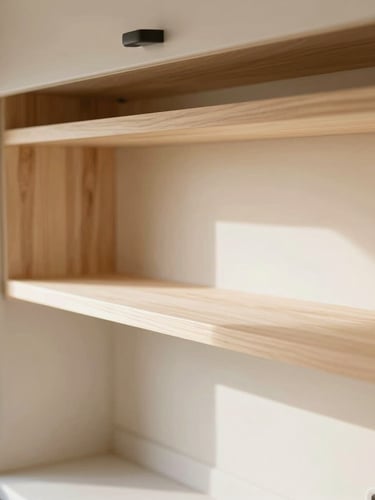 Close-up of clean, minimalist wooden shelves made of light Paulownia wood inside a beautifully designed camper van, warm natural light, Japandi style, shallow depth of field