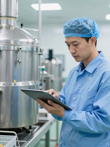 Medium shot of a professional industrial supervisor in cleanroom uniform, holding a tablet, inspecting a sterile production line in a modern food processing plant